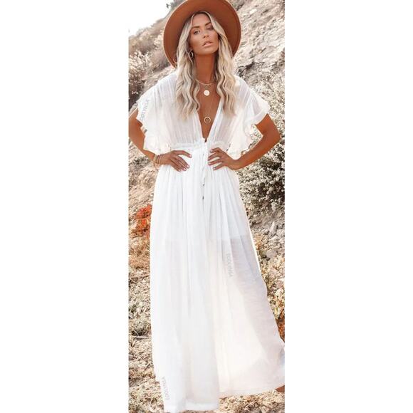 Bohemian Beach Maxi Dress One Size White Gauze Swimsuit Coverup Oversized - Picture 1 of 8
